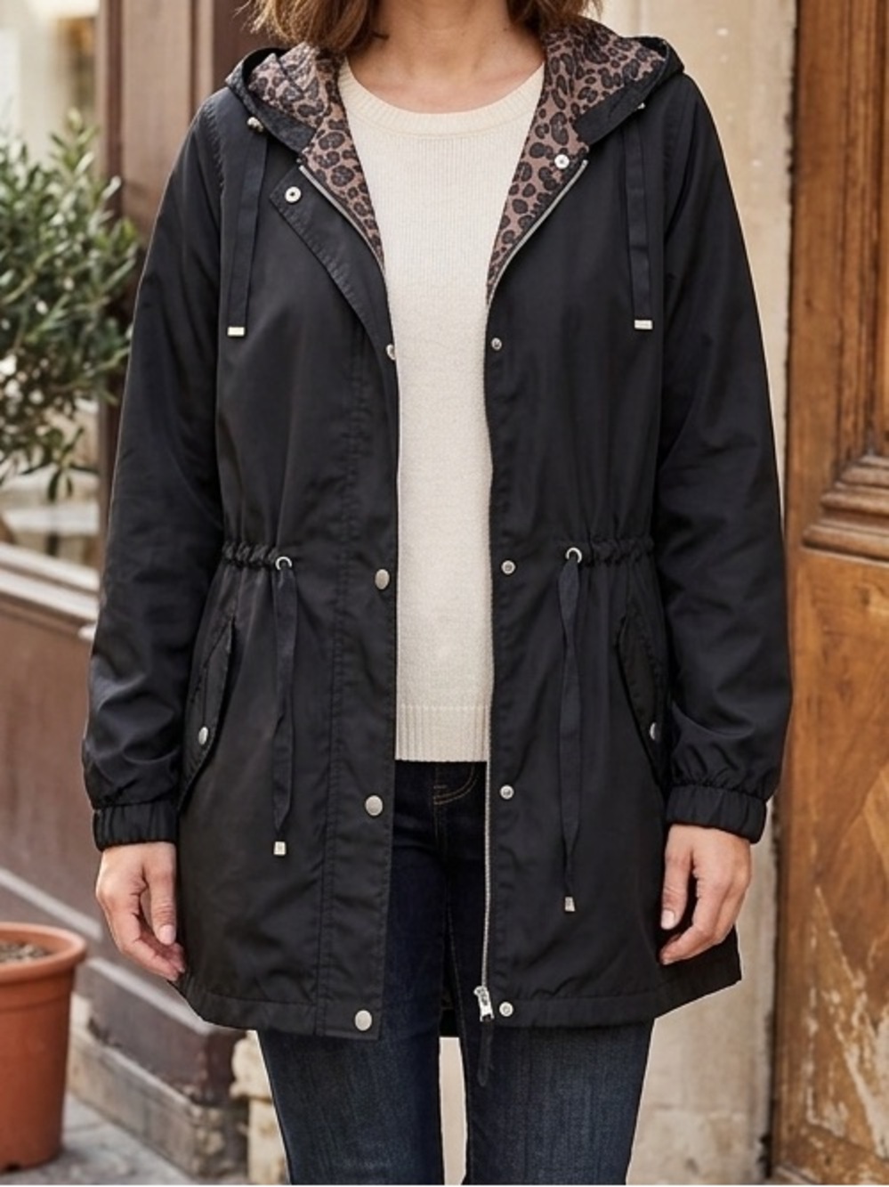 Time and Tru XL Black Hooded Utility Jacket Leopard Lining zip or snap rain fall